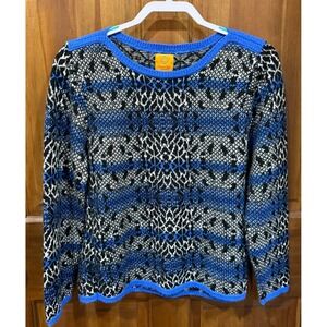 Ruby Rd Womens Sweater Blue Black White Print Crew Neck Long Sleeve Size M